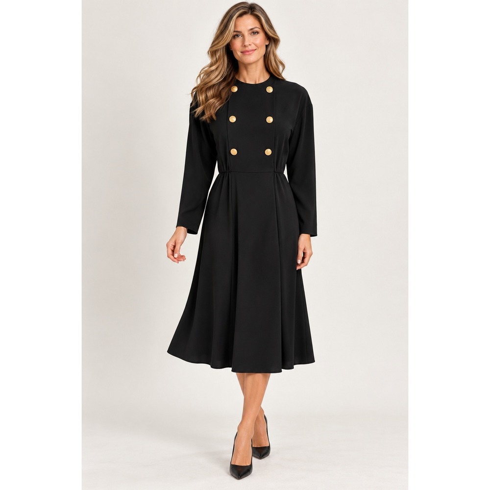 Liz Claiborne Midi Dress Women 8P Vintage Dark Academia Gold Button Power Dress
